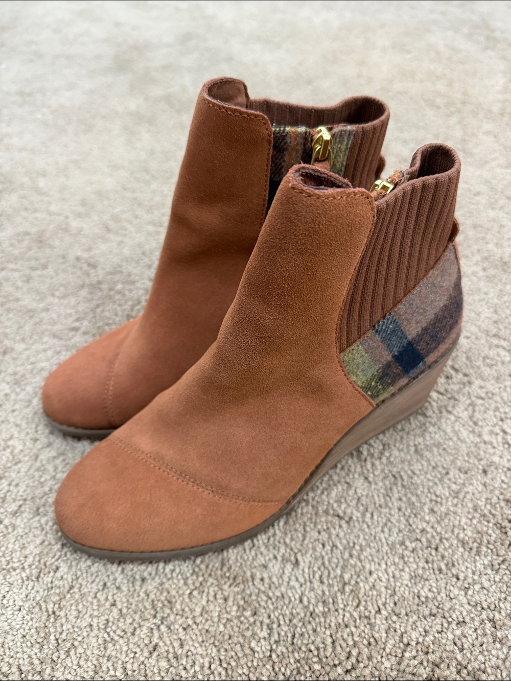 Toms Chestnut Suede Wedge Ankle Boots with Plaid Heel